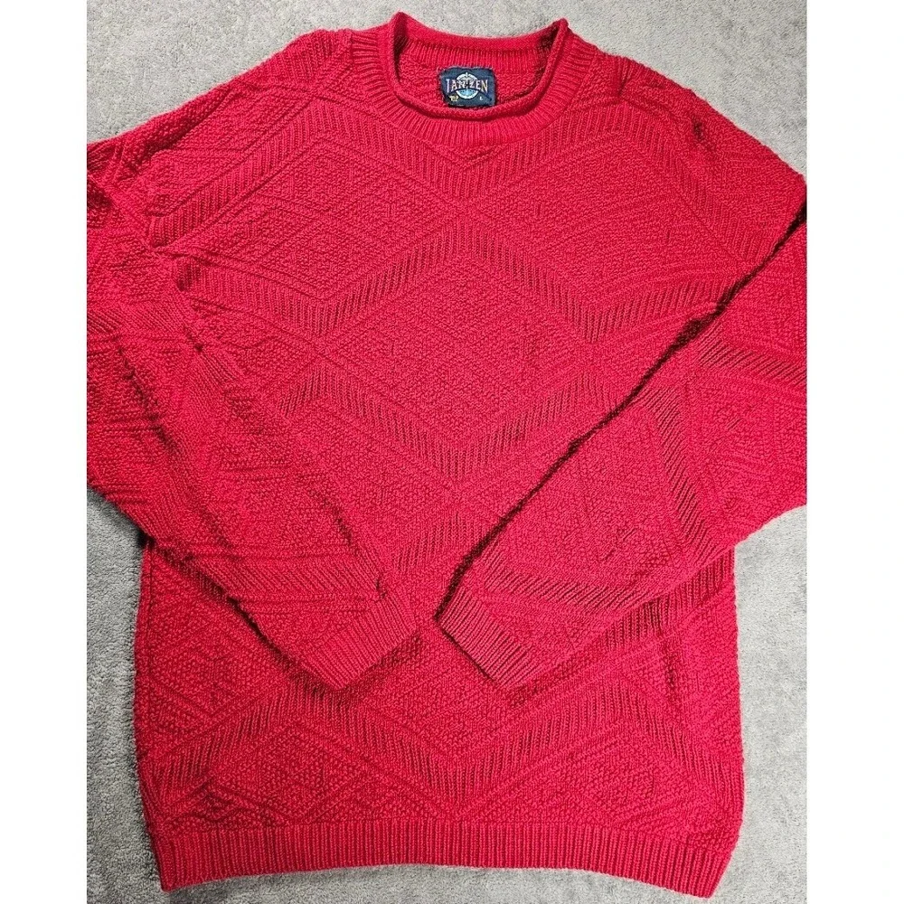 Vintage Janzen USA Red Textured Knit Sweater Men's L Geometric Crewneck 90s y2k
